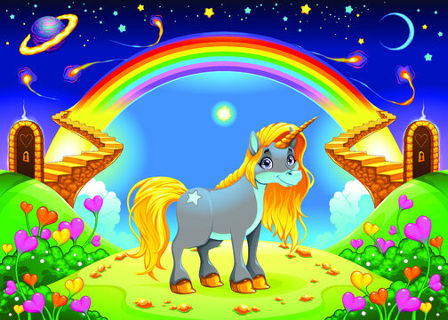 Rainbow Unicorn in a Fantasy with Golden Stairs