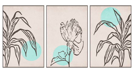 Fototapeta na wymiar Set of 3 Printable trendy botanical card. Use for cover, wallpaper, wall art.