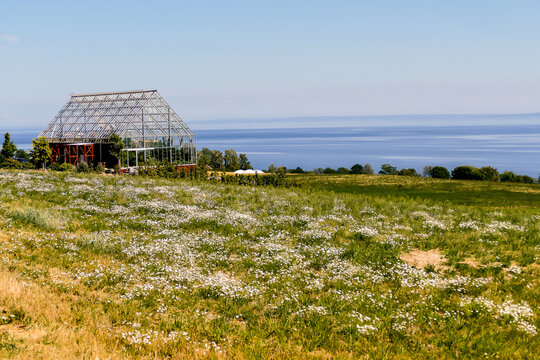 View Of A Green House On The Hill Top By The Lake Against A Blue Sky On A Sunny Day