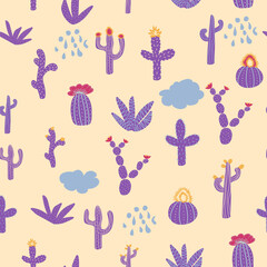 Seamless patterns with different cacti. Vibrant repeating texture with purple cacti. Background with desert plants.
