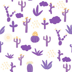 Seamless patterns with different cacti. Vibrant repeating texture with purple cacti. Background with desert plants.