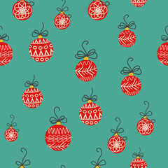 Fototapeta na wymiar Hand drawn seamless pattern with cute hand drawn Christmas tree decorations, baubles. Repetitive New Year baubles print.