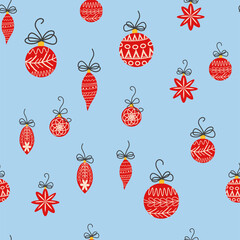 Hand drawn seamless pattern with cute hand drawn Christmas tree decorations, baubles. Repetitive New Year baubles print.