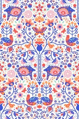 Stylized tree, intricate flowers, leaves, berries, fruits, plants, shapes in Scandinavian style. Cute pig is about to eat an apple, butterflies, birds. Maximalist folk design trend based on nature.