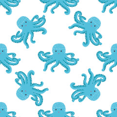 Seamless pattern with cute octopus, seaweed and pearl. Trendy nursery background