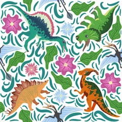 Fototapete Unter dem Meer Handgezeichnetes nahtloses Muster mit Dinosauriern und tropischen Blättern und Blumen. Niedliches Dino-Design.