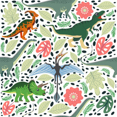 Obraz premium Hand drawn seamless pattern with dinosaurs and tropical leaves and flowers. Cute dino design.