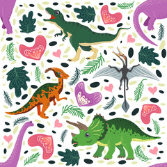 Fototapeta na wymiar Hand drawn seamless pattern with dinosaurs and tropical leaves and flowers. Cute dino design.
