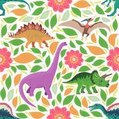 Hand drawn seamless pattern with dinosaurs and tropical leaves and flowers. Cute dino design.