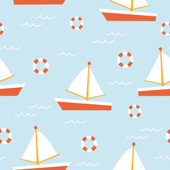Cute summer seamless pattern. Marine texture with boat. Childish vector illustration.