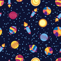 Seamless space pattern. Planets, rockets and stars. Cartoon spaceship. Childish background. Hand drawn