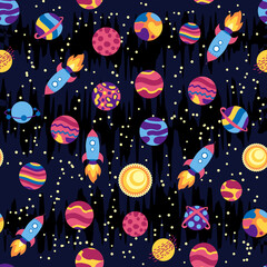 Seamless space pattern. Planets, rockets and stars. Cartoon spaceship. Childish background. Hand drawn