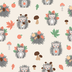 Cute seamless pattern with hedgehog, mushrooms and trees. Hand drawn