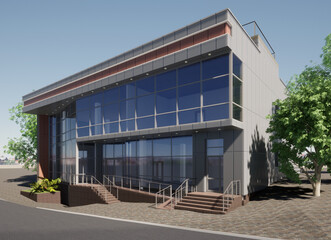 Shop building project, modern office. 3d graphics. Architectural visualization.	