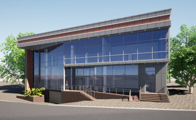 Modern office project, shop building.
3d graphics. Architectural visualization.