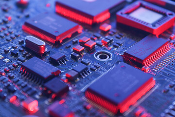 Computer Microchips and Processors on Electronic circuit board.  Computer hardware technology. Abstract technology microelectronics concept background. Macro shot, shallow focus.