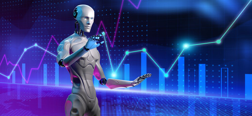 Fototapeta na wymiar Robotic data analysis automation trading robot. Business finance technology concept. 3d render.