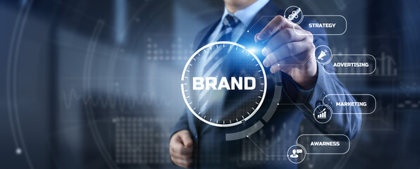 Brand development marketing strategy concept. Businessman pressing button on screen. - obrazy, fototapety, plakaty
