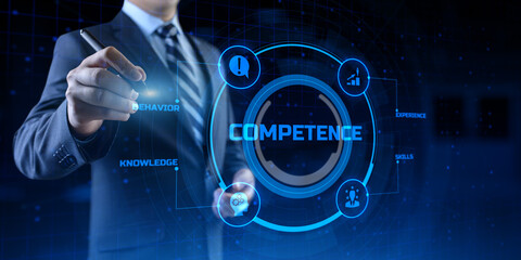 Competence skills business and personal development concept. Businessman pressing button on screen.