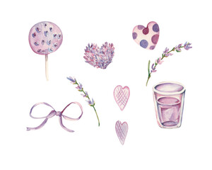 Watercolor lavender sweets. Lavender lemonade. Watercolor lavenders set with lollipops, beverage, candy, ribbon, lavender bunches and hearts. Gentle lavender flower illustration. 