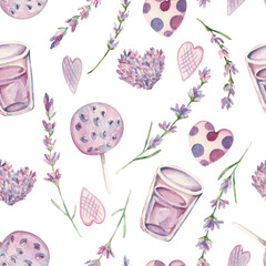 Watercolor seamless pattern. Watercolor lavender pattern. Watercolor floral pattern. Lavender sweets and lemonade. Field and Wild flowers. Design for packing, wrapping paper, backgrounds, gifts.