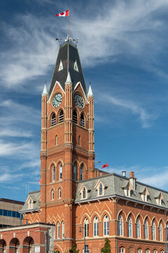 Belleville Town Clock Tower with Canadian Flag