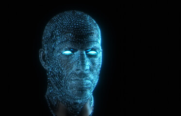 Blue fragment abstract human head and face, 3d rendering of a cyborg head construction, artificial intelligence concept.