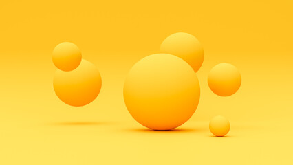 Group of yellow sphere isolated on yellow background. Circle pattern. 3D rendering.