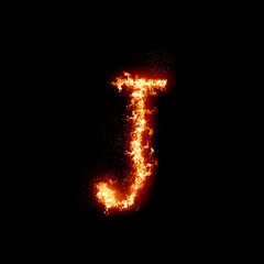 Letter J burning in fire, digital art isolated on black background, a letter from alphabet set