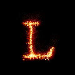 Letter L burning in fire, digital art isolated on black background, a letter from alphabet set