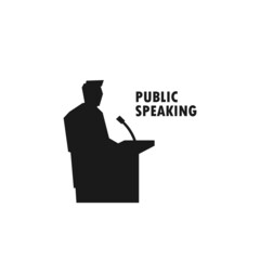 Man giving public speech on podium black vector silhouette illustration.