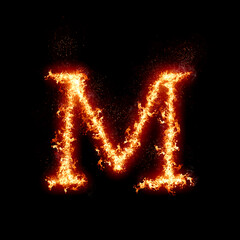 Fototapeta na wymiar Letter M burning in fire, digital art isolated on black background, a letter from alphabet set