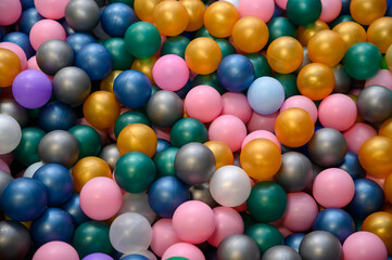 Multi-colored balls for a dry pool for children to play in the house and outdoors.