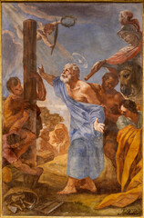 VALENCIA, SPAIN - FEBRUAR 14, 2022: The fresco of Crucifixion of St. Peter in the Cathedral and St. Peter chapell by Antonio Palomino from (1703).