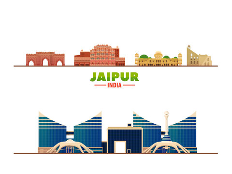 Jaipur India famous landmarks at white background. Flat vector illustration. Business travel and tourism concept with modern buildings. Image for banner or web site.