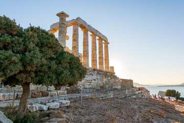 Greece Cape Sounio. Ruins of an ancient temple of Poseidon, the Greek god of the sea, on sunset.