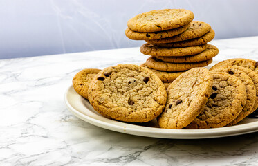 Chocolate chip cookies piled on a plate. Calgary, Alberta, Canada
