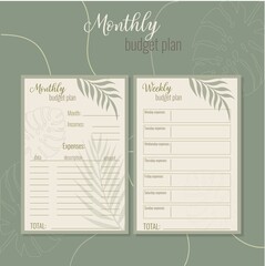 Business notebook with weekly and monthly budget plan with plants - obrazy, fototapety, plakaty