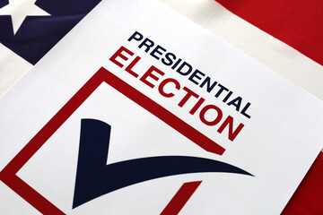 Presidential Election 2024 Written over Waving American Flag - 495007543