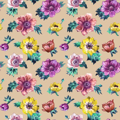 Seamless pattern of colorful anemones on a beige background, floral print for fabric and other surfaces based on a watercolor illustration.