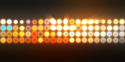 Glowing pattern wallpaper. Glamour background of colorful lights with spotlights. Shining lights party leds on black background. Digital illustration of stage or stadium spotlights.