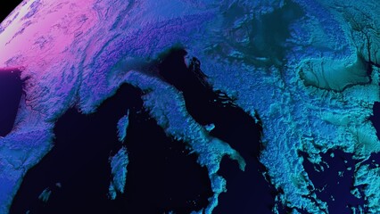 Satellite view of metaverse europe concept in blue and violet. Virtual digital reality cyber metaverse simulation. 3D rendering.