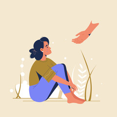 Psychological support concept. Psychotherapy. Sad depressed woman sitting getting help and cure from stress feeling lonely and unhappy vector illustration. Psychology aid to woman with mental disorder