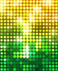 Glowing pattern wallpaper. Glamour background of colorful lights with spotlights. Shining lights party leds on black background. Digital illustration of stage or stadium spotlights.