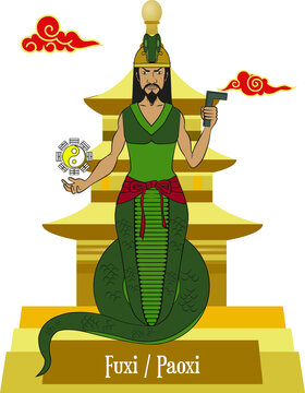  Illustration vector isolated of chinese gods, chinese mythology, Fuxi, Paoxi, hunt, fishing and domestication, god.