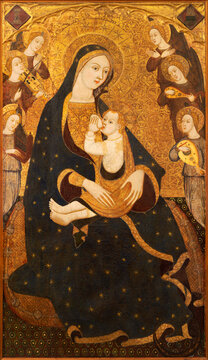VALENCIA, SPAIN - FEBRUARY 14, 2022: The renaissance painting of Breast feeding Madonna - Virgen de la Humilidad by Llorens Saragossa (14. cent.)