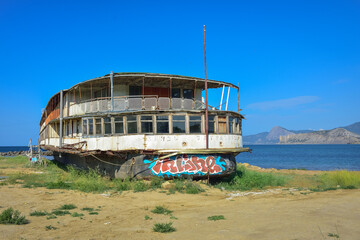 abandoned steamer stranded, rusty old cruise steamer, ship skeleton, stranded ship