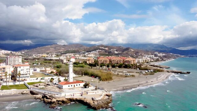 Torrox Costa view from above. Drone footage of this costal city situated in Malaga province, Costa del Sol - Spain. Touristic travel destination