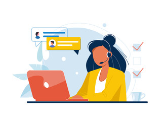 	
Customer service, call center, hotline flat vector illustration. Online global technical support 24/7. Hotline operator advises customer. Customer support department staff, telemarketing agents. - obrazy, fototapety, plakaty
