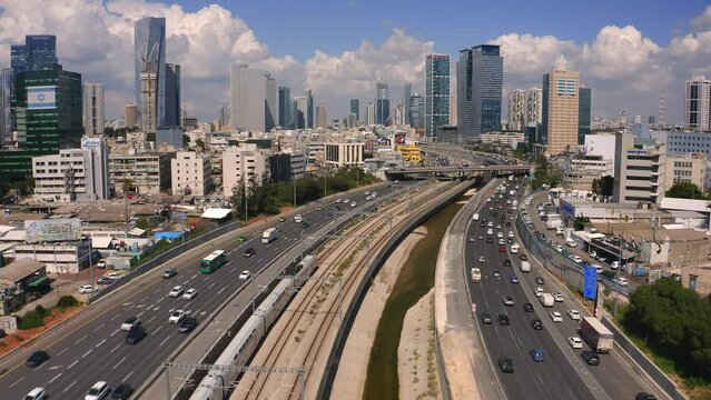 Tel Aviv Azrieli mall skyline - 4k aerial drone footage, Israel 
